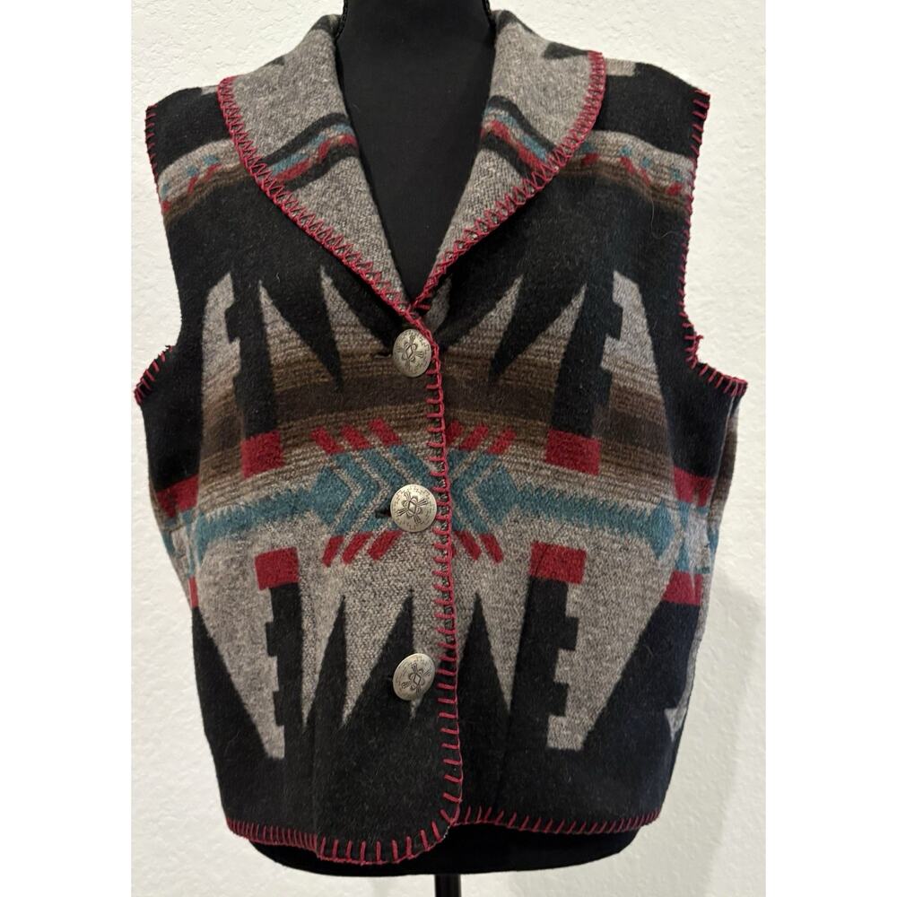 VTG Rhonda Stark Shawl Collar Vest Southwestern Aztec Concho Buttons Size Medium